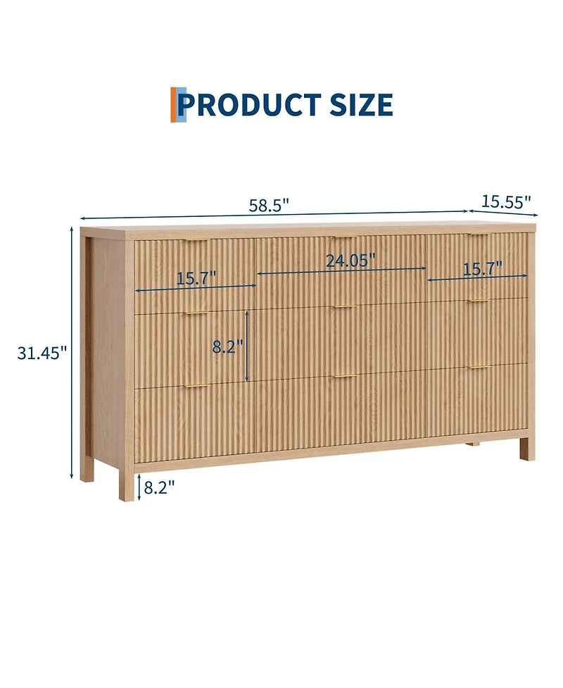 gaomon 58.5" Wide Fluted 9 Drawer Dresser, Mid-Century Wood Storage Chest for Bedroom