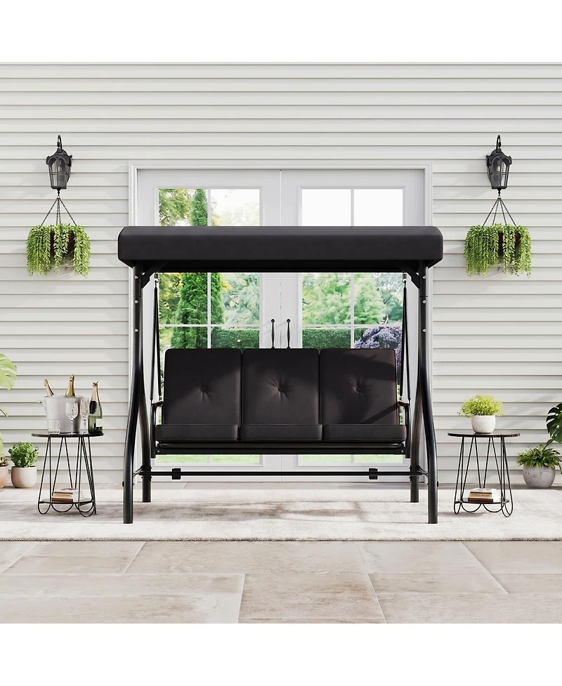 GarveeLife 3-Seat Outdoor Patio Swing Chair with Adjustable Canopy and Reclining Backrest Heavy Duty Metal Frame Thick Resistant