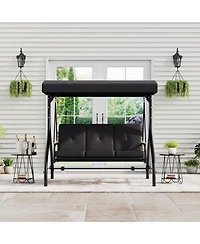 GarveeLife 3-Seat Outdoor Patio Swing Chair with Adjustable Canopy and Reclining Backrest Heavy Duty Metal Frame Thick Resistant