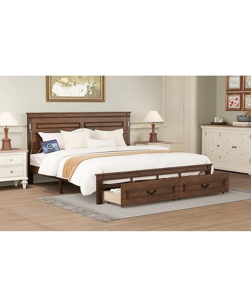 Streamdale Furniture Led Storage Bed with Usb, Pinewood Frame