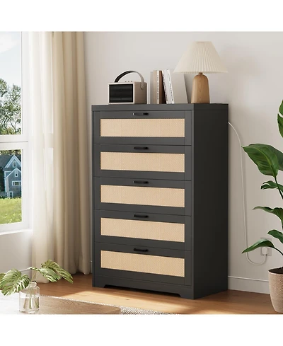 gaomon 5 Drawer Rattan Dresser with Power Outlets, Tall Wood Storage Chest for Bedroom