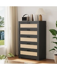 gaomon 5 Drawer Rattan Dresser with Power Outlets, Tall Wood Storage Chest for Bedroom