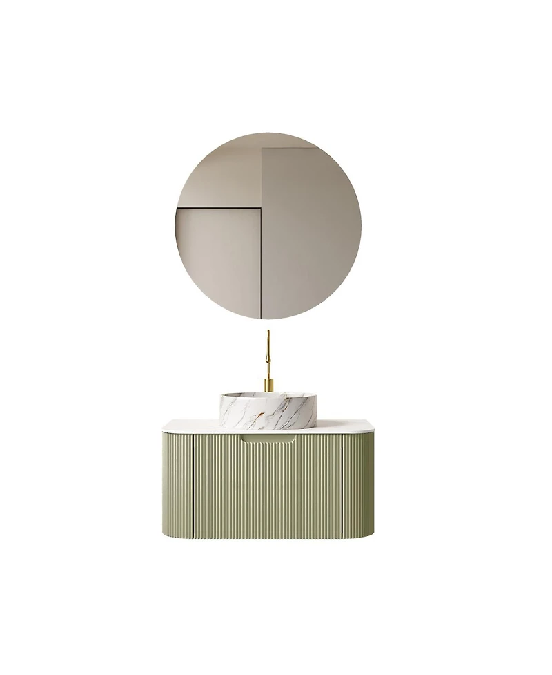 Sillysis Wall Mounted Bathroom Vanity, Artificial Marble Top with Round Ceramic Basin, 3D Striped Plywood Cabinet