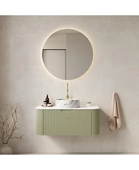Sillysis Wall Mounted Bathroom Vanity, Artificial Marble Top with Round Ceramic Basin, 3D Striped Plywood Cabinet