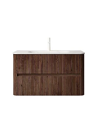 Sillysis Inches Modern Walnut Wall Mounted Bathroom Vanity, Sintered Stone Basin, Soft Close Drawers Large Storage