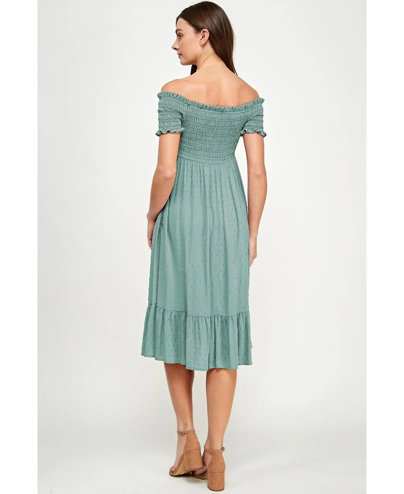 Hello Miz Maternity Off-the-Shoulder Smocked Swiss Dot Midi Dress with Pockets
