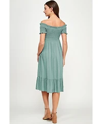 Hello Miz Maternity Off-the-Shoulder Smocked Swiss Dot Midi Dress with Pockets