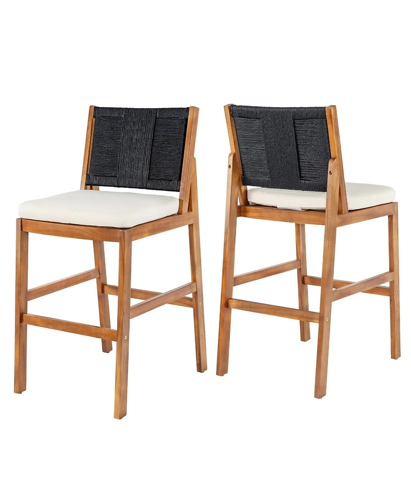 Rainsken Outdoor Bar Stools Set of 2, Acacia Wood Frame Counter Height Chairs with Cushion and Wicker Back for Kitchen Island, Poolside Patio