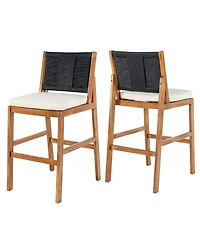 Rainsken Outdoor Bar Stools Set of 2, Acacia Wood Frame Counter Height Chairs with Cushion and Wicker Back for Kitchen Island, Poolside Patio
