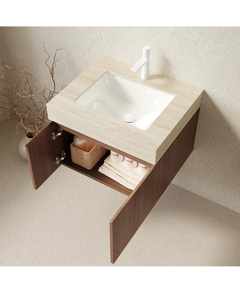 Sillysis 24 Inches Modern Floating Bathroom Vanity with Sintered Stone Top, Undermount Sink, Soft Close Drawer and Ample Storage, Pre-assembled