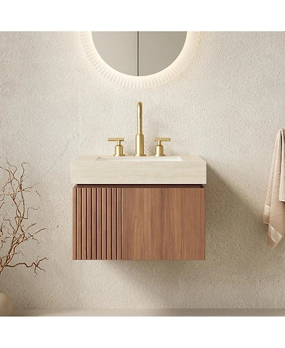 Sillysis 24 Inches Floating Bathroom Vanity with Sintered Stone Top, 3-Hole Undermount Ceramic Sink, Soft Close Storage, Pre-Assembled