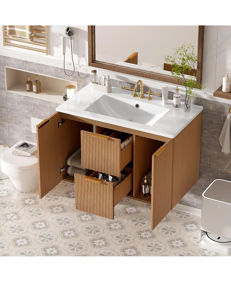 Sillysis 36 Inches Wall Mounted Bathroom Vanity with Ceramic Sink, Soft Close Drawers, Modern Mdf Cabinet for Small Spaces