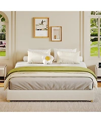 homfan Upholstered Low Platform Bed Frame with Round Wood Legs, No Headboard, Slat Support