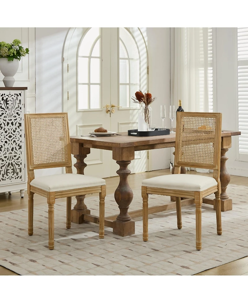 Clihome French Decor Chairs Set of 2, Louis Dining with Square Rattan Backrest and Exquisitely Carved Solid Wood Frame for Living Room