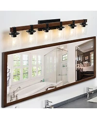 Busdays 42 Inch Rustic 6 Light Vanity Light Industrial Bathroom Wall Sconce with Glass Shades Wood Accent Modern Farmhouse Lighting Fixture No Bulbs