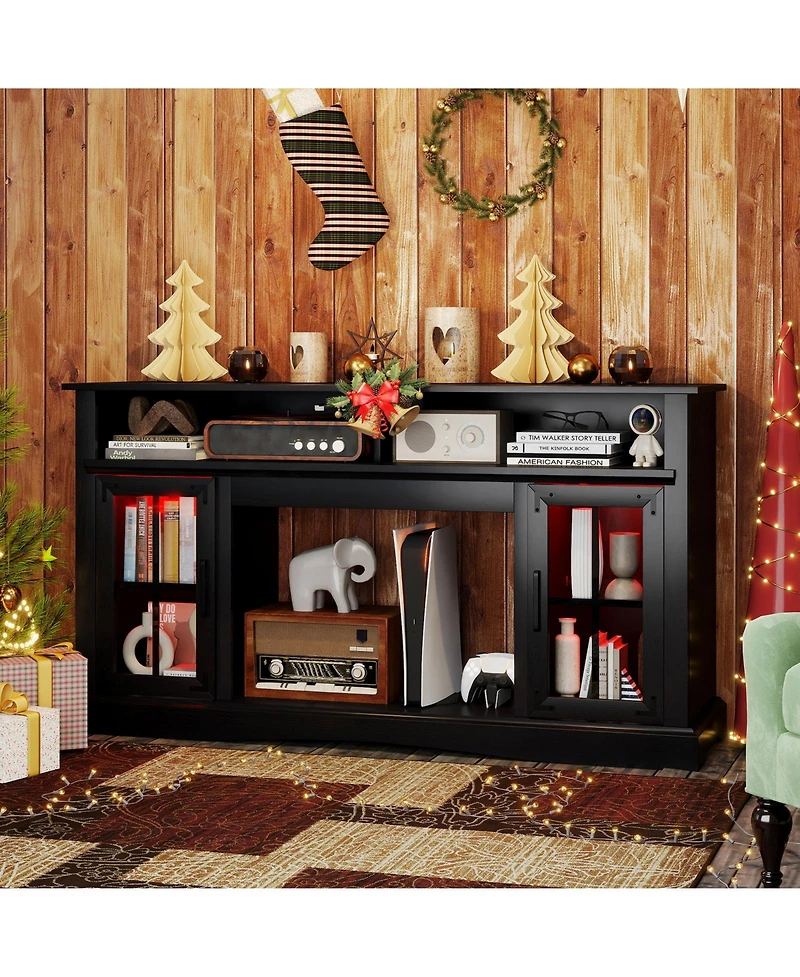 Gymax Tv Stand with Led Lights and Remote Control Storage Cabinets Adjustable Shelves