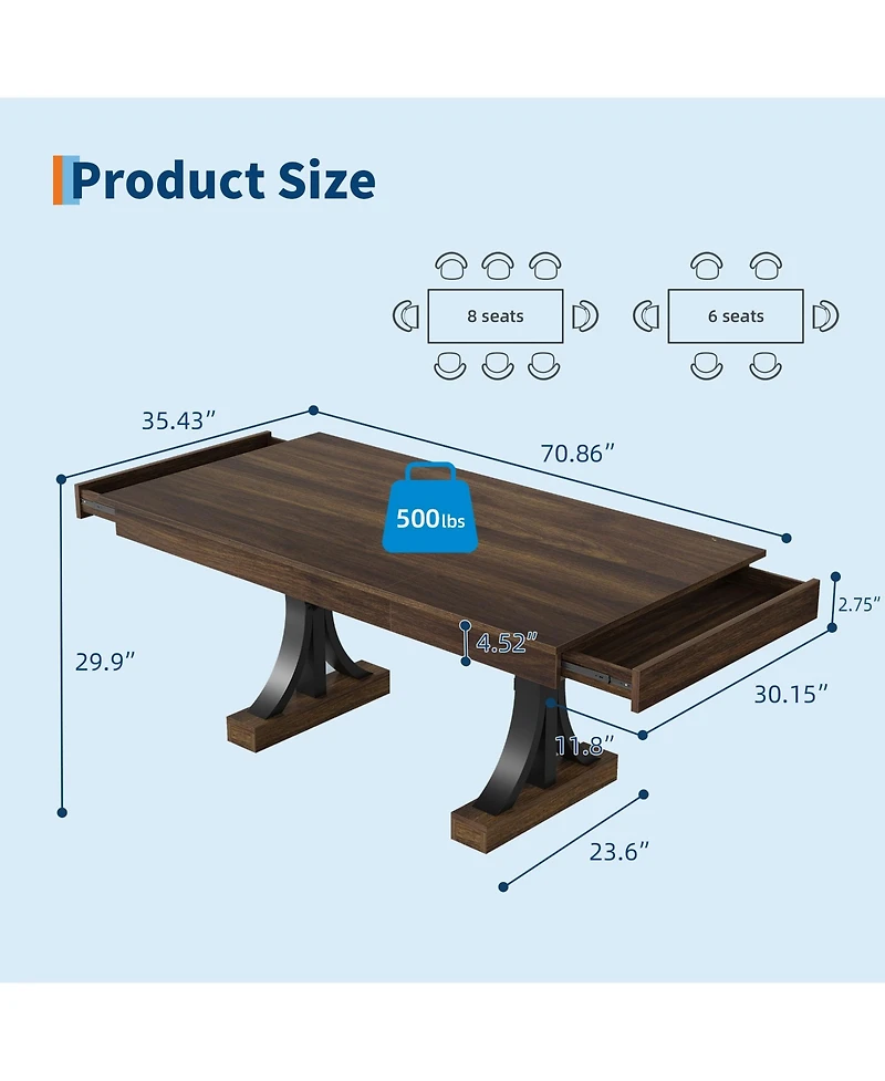 homfan 71 In Rectangular Dining Table with 2 Drawers, Double Pedestal Kitchen Table for 6-8, Wood-Look Finish