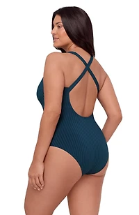S3 Apparel Women's Smoothing and Sculpting Ribbed Scoop-Neck Crossback One-Piece Swimsuit