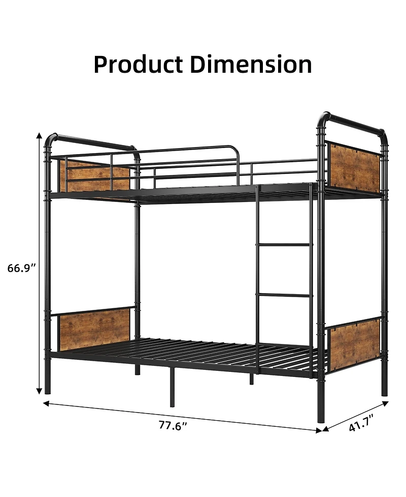 homfan Twin Over Metal Bunk Bed, Converts to 2 Single Beds, Detachable Ladder and Guardrails, Industrial Style with Board Accents