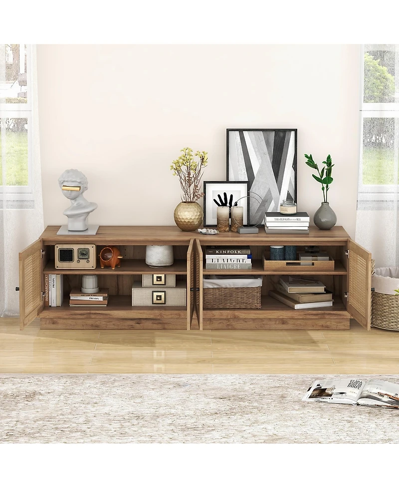 Gymax 4-Door Pe Rattan Media Console Table Farmhouse Tv Stand for TVs