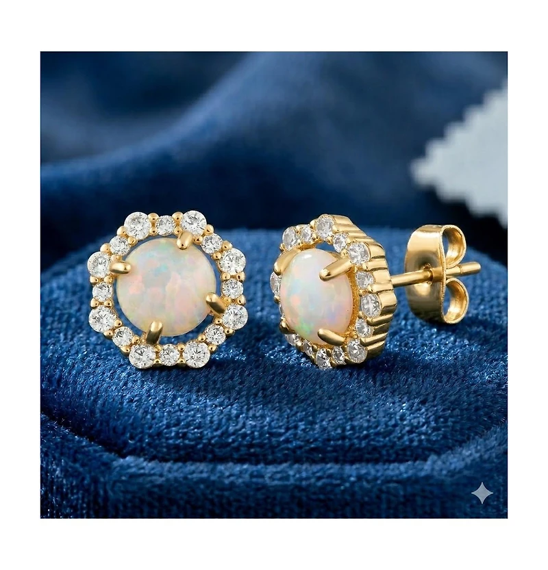 Simona Elegant Round White Opal Halo Cz Studs