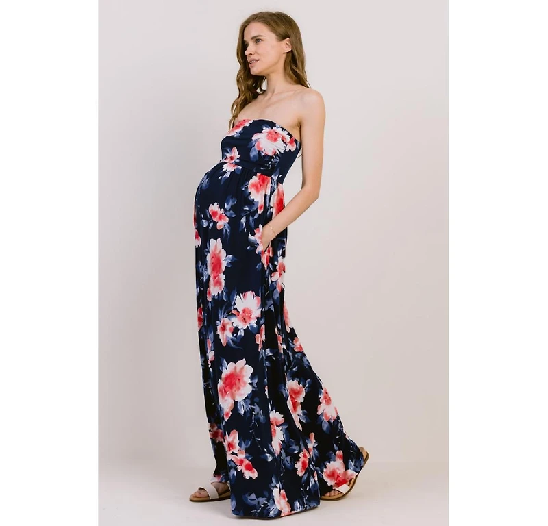 Hello Miz Maternity Strapless Empire Waist Floral Maxi Dress with Side Pockets