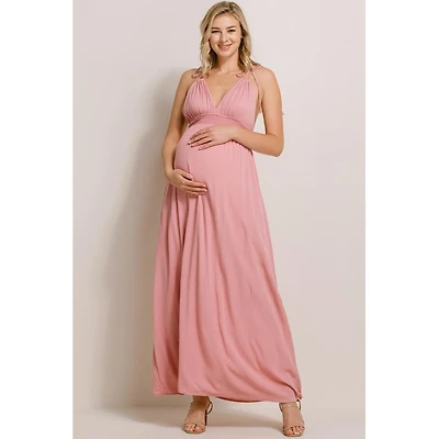 Hello Miz Maternity V-Neck Tie Strap Empire Waist Maxi Dress with Pockets