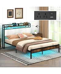 Gymax Bed Frame w/ Led Light and Charging Station Heavy Duty Metal Platform Bed