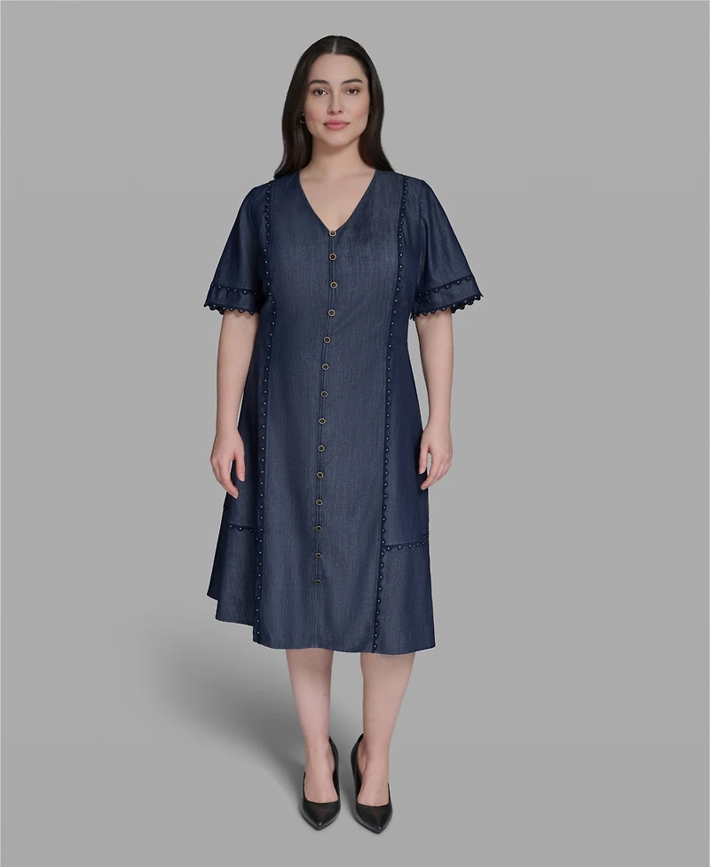 Karl Lagerfeld Paris Plus Rayon-Blend Chambray V-Neck Dress