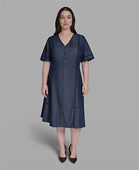 Karl Lagerfeld Paris Plus Rayon-Blend Chambray V-Neck Dress