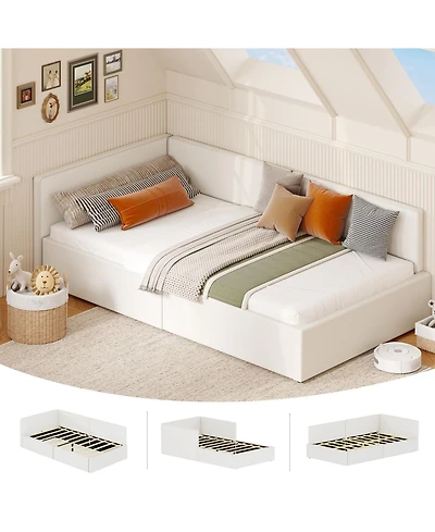 homfan Upholstered Corner Bed Frame with Headboard and Guardrails, Adjustable Velvet Daybed for Bedroom or Guest Room
