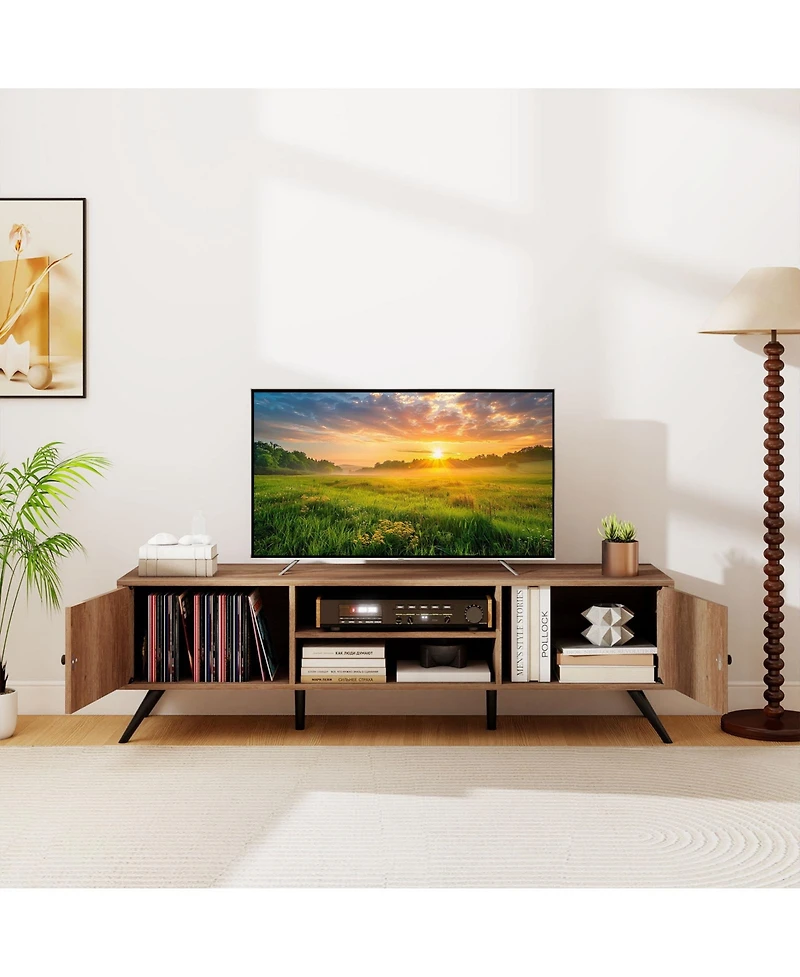 Gymax Tv Stand with 2 Storage Cabinets and Open Shelves 6 Support Feet for Living Room