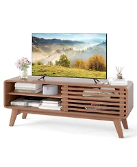 Gymax Tv Stand with Sliding Door Adjustable Shelves and Rubber Wood Legs for TVs