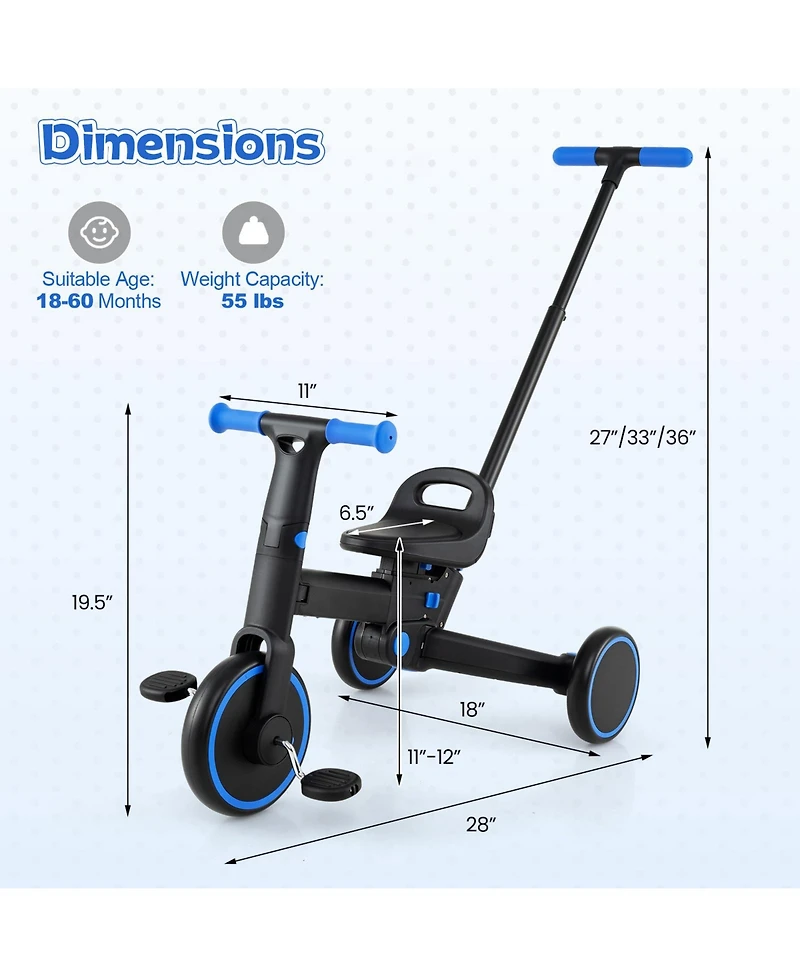 Slickblue 4 1 Toddler Tricycle, Foldable with Push Handle and Adjustable Seat