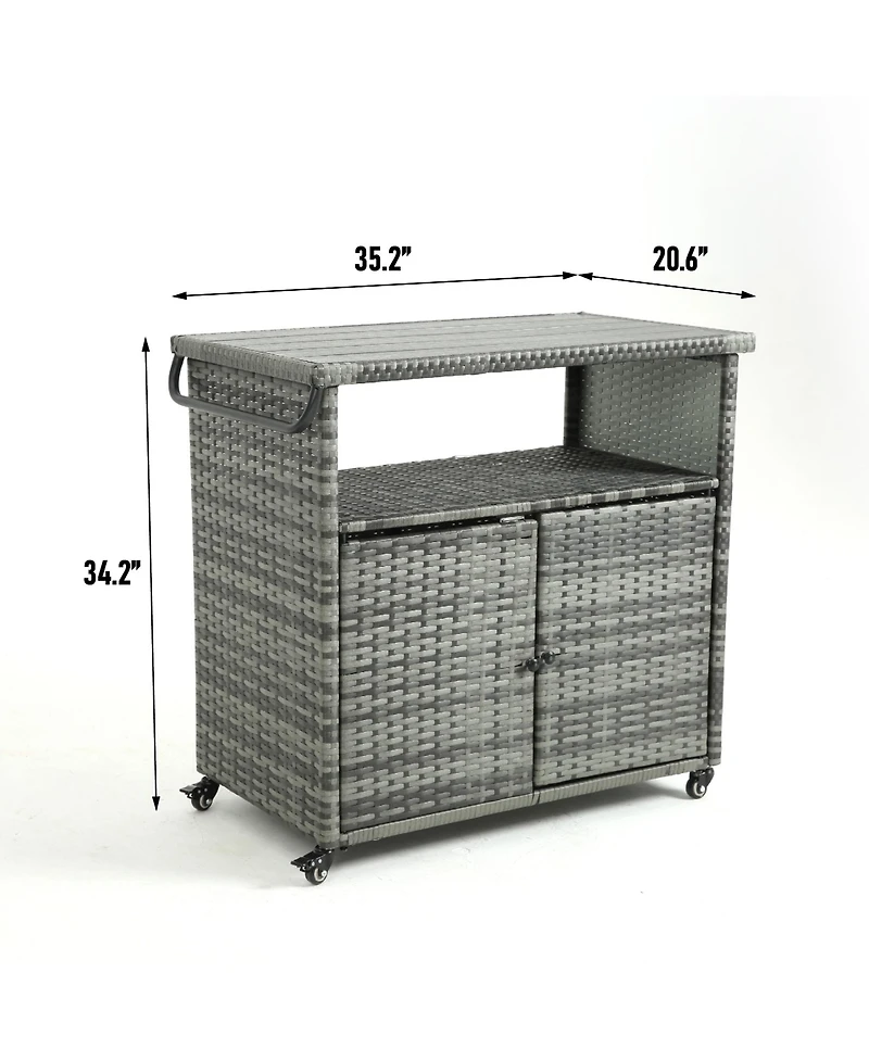 flynama Outdoor Wicker Bar Cart with Plastic Wood Top