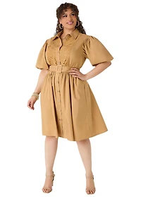 Ashley Stewart Women's Crochet Panel A Line Shirtdress