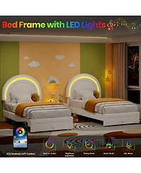 homfan Upholstered Kids Bed Frame with Led Rainbow Headboard and Storage Drawer, Wood Slats, No Box Spring Needed