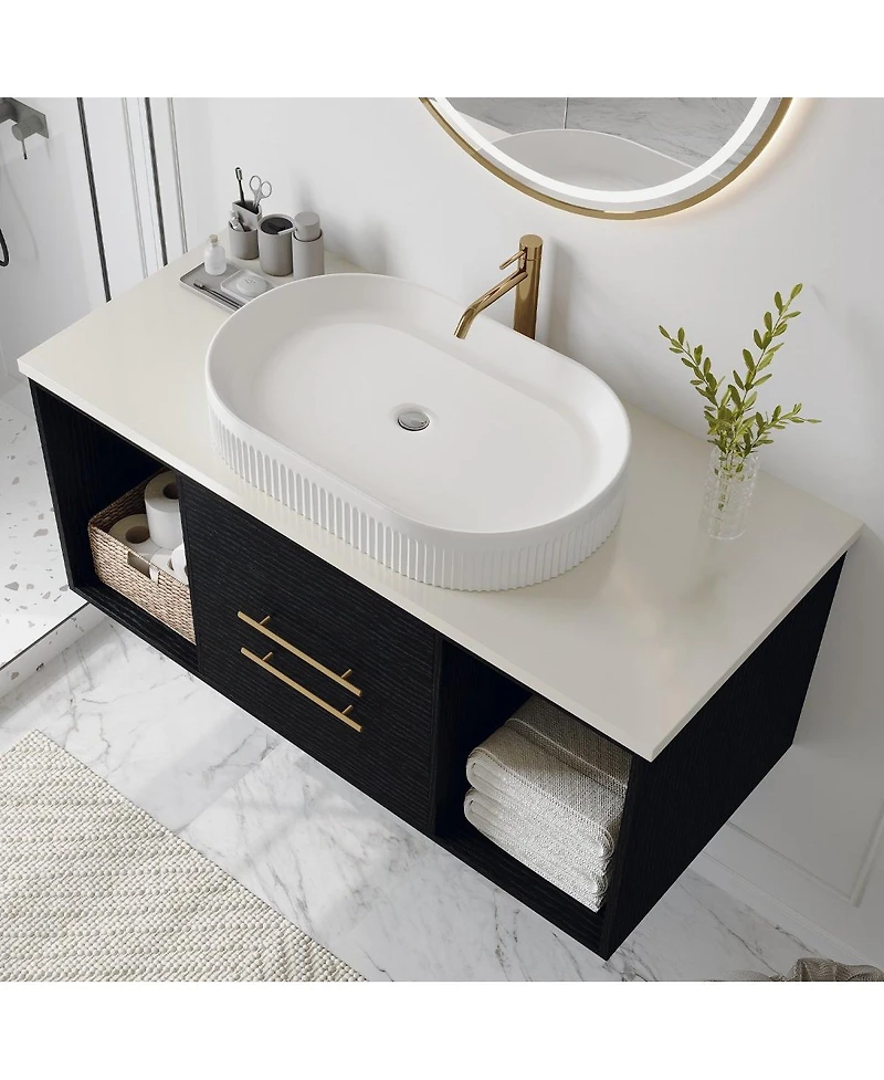 Thirtypeachy Modern Solid Wood Floating Bathroom Vanity, Single Sink Oval Ceramic Sink, Soft-Close Drawers Open Shelf