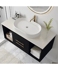 Thirtypeachy Modern Solid Wood Floating Bathroom Vanity, Single Sink Oval Ceramic Sink, Soft-Close Drawers Open Shelf