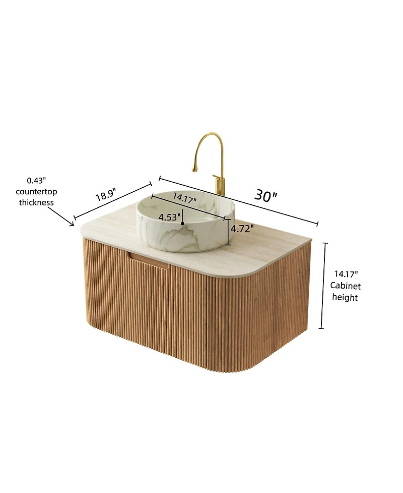Sillysis Wall Mounted Bathroom Vanity with Sintered Stone Top, Round Ceramic Sink, Wood Grain Drawer