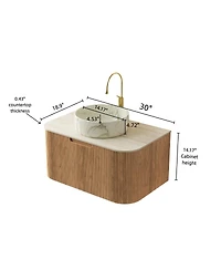 Sillysis Wall Mounted Bathroom Vanity with Sintered Stone Top, Round Ceramic Sink, Wood Grain Drawer