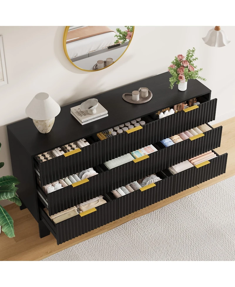 gaomon 9 Drawer Fluted Dresser - Modern Wooden Chest of Drawers with Metal Handle, Clothes Storage Organizer for Bedroom, Hallway, Entryway