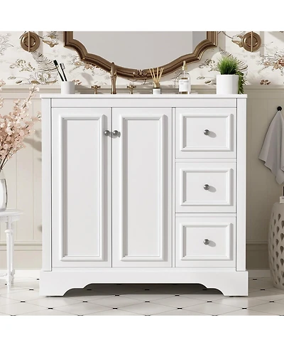 Thirtypeachy Modern Solid Wood Mdf Vanity With Ceramic Sink, Soft-Close Doors Flip Drawer,Silver Handles Overflow