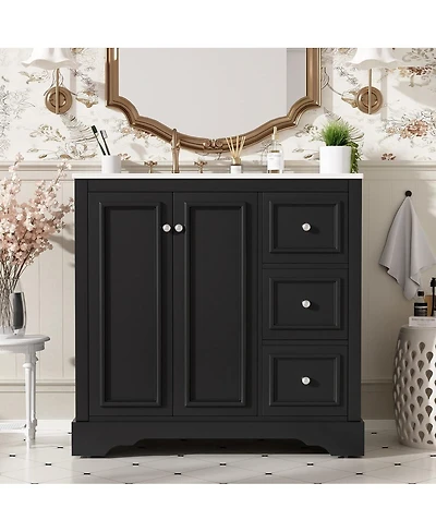 Thirtypeachy Modern Solid Wood Mdf Vanity With Ceramic Sink, Soft-Close Doors Flip Drawer,Silver Handles Overflow
