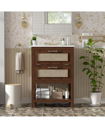 Thirtypeachy 30" Wood Grain Bathroom Vanity With Resin Sink, Adjustable Shelf Door Organizers, Soft-Close Hinges