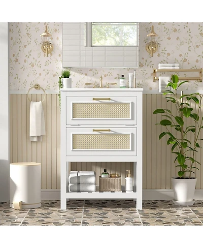 Thirtypeachy 30" Wood Grain Bathroom Vanity With Resin Sink, Adjustable Shelf Door Organizers, Soft-Close Hinges