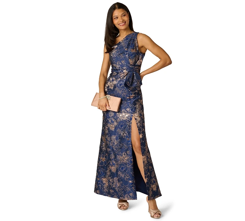 Adrianna Papell Petite One-Shoulder Side-Slit Gown