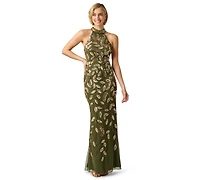 Adrianna Papell Women's Beaded Mesh Halter Neck Gown