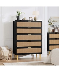 homfan Tall Boho 5-Drawer Rattan Dresser, Wooden Storage Cabinet with Deep Drawers for Multi-Space Use