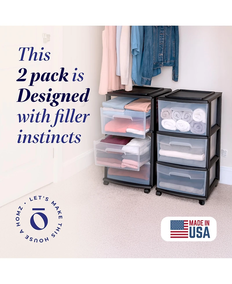 Homz Plastic 3 Drawer Medium Storage Tower, Clear Drawers and Black Frame (2 Pack)
